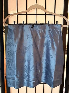 Lulu's Lavender Floral Satin Slip Skirt with Black Lace Trim on Top
